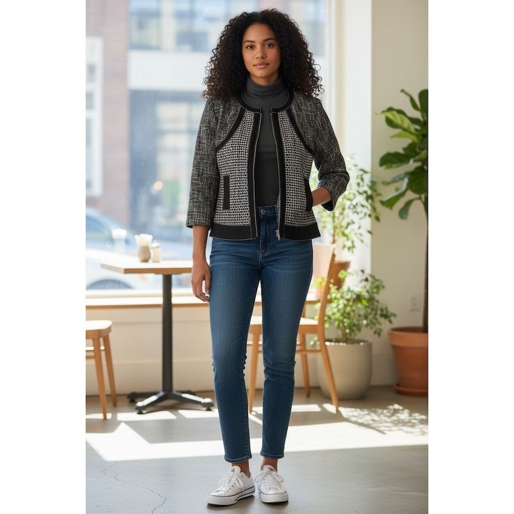 Doncaster Women's Tweed Zip Jacket Size 8 Black & White capsule old money career